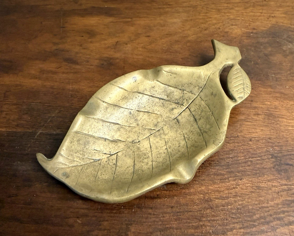 Vintage Solid Brass Leaf Trinket Dish Ashtray Footed Catchall Tray 8.25"
